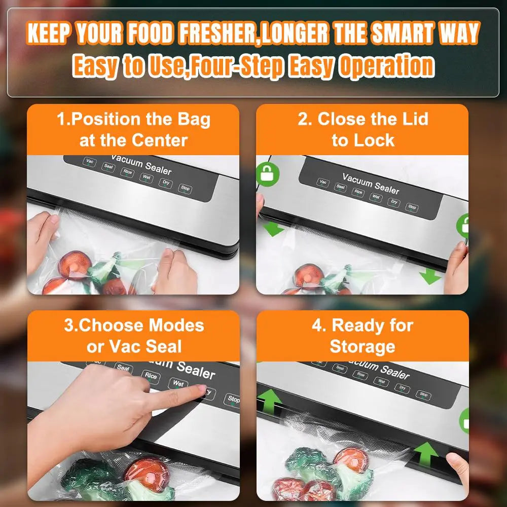 【Fathersdaygift】Vacuum Sealer Kit 65Kpa, Includes 50 Vacuum Sealing Bags, Features Dual Dry/Wet Modes, 6-In-1 Sealer Suitable for Storage and Sous Vide Cooking, Automatic Sealing Machine,Extends Food Freshness by 5 Times, a Modern Vacuum Sealing Device
