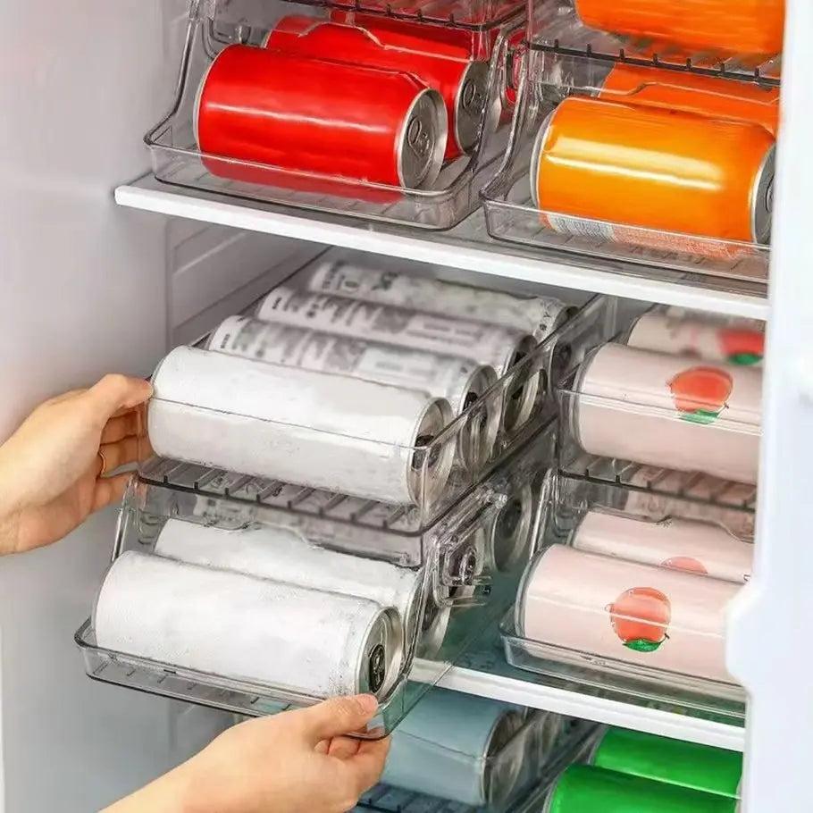 Kitchen Drawer Refrigerator Can Organizer, Dual Layer Rolling Foldable Automatic Storage Box, Beer Soda Beverage Holder, Space-Saving Solution, Refrigerator Accessories