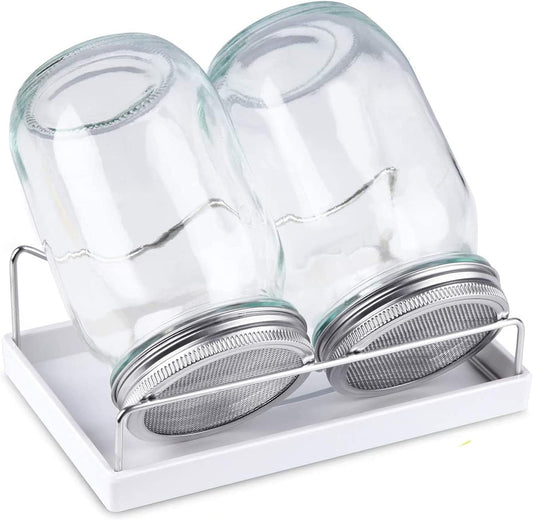 Sprouting Jar Kit-2 Wide Mouth Quart Mason Jars with 316 Stainless Steel Screen Sprout Lids, Drip Tray, Stand | Seed Sprouter Set for Growing Broccoli, Alfalfa, Mung Bean