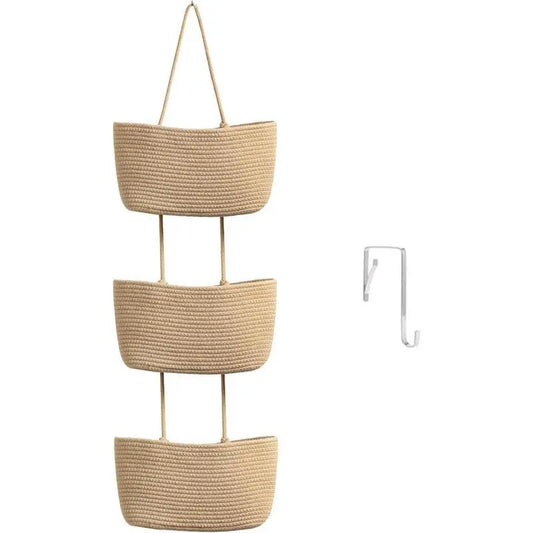 【Free Ship】Woven Cotton 3-Tier over the Door Basket, Wall-Mounted Jute Storage Organizer in Bathroom – Decorative Nursery Baskets, Perfect for Busy Mom/Dad to Store Diapers & Toys Small Basket Gift Hook Laundry Basket House Organizers