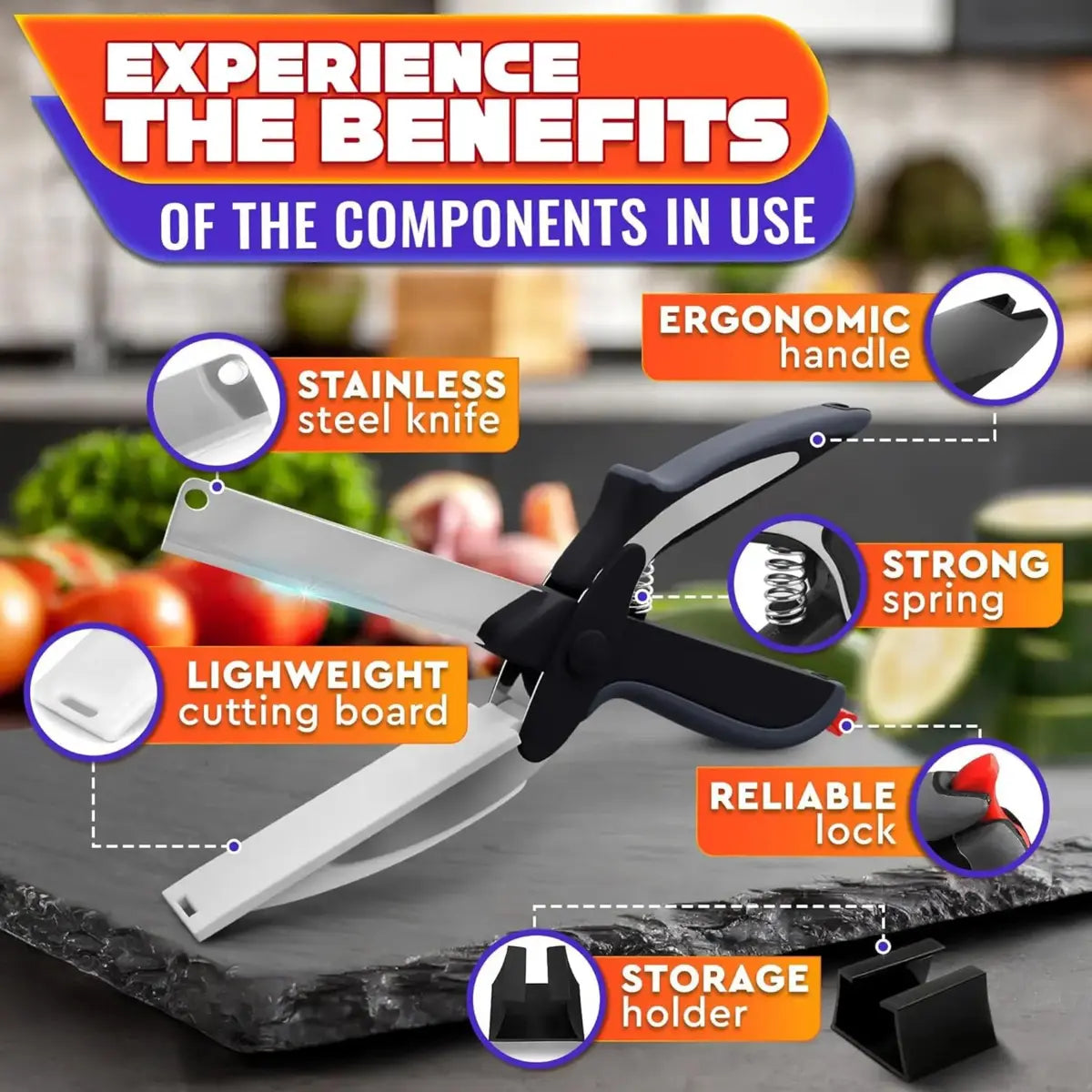 2 in 1 Kitchen Scissors for Food – Stainless Steel Blade & Plastic Cutting Board Scissors with Safety Lock | 9.6" Tomato Knife, Fruit & Vegetable Cutter – Easy-To-Use Kitchen Shears for Meat, Cheese