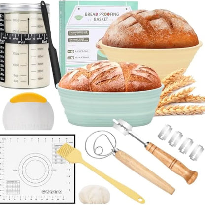 Bread Starter Jar, 34OZ Sourdough Starter Jar Kit-24Pcs Kits for Homemade with 2 Proofing Baskets, Dough Whisk Scrapers, Bread Lame and Stencils