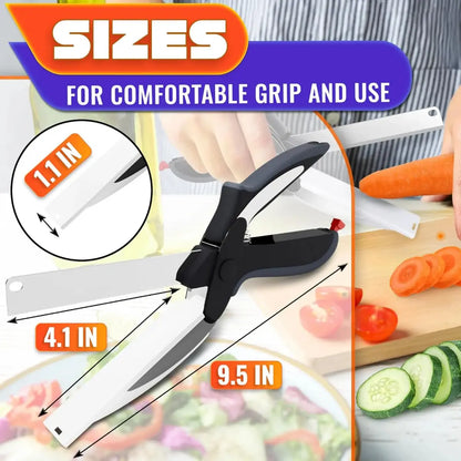 2 in 1 Kitchen Scissors for Food – Stainless Steel Blade & Plastic Cutting Board Scissors with Safety Lock | 9.6" Tomato Knife, Fruit & Vegetable Cutter – Easy-To-Use Kitchen Shears for Meat, Cheese