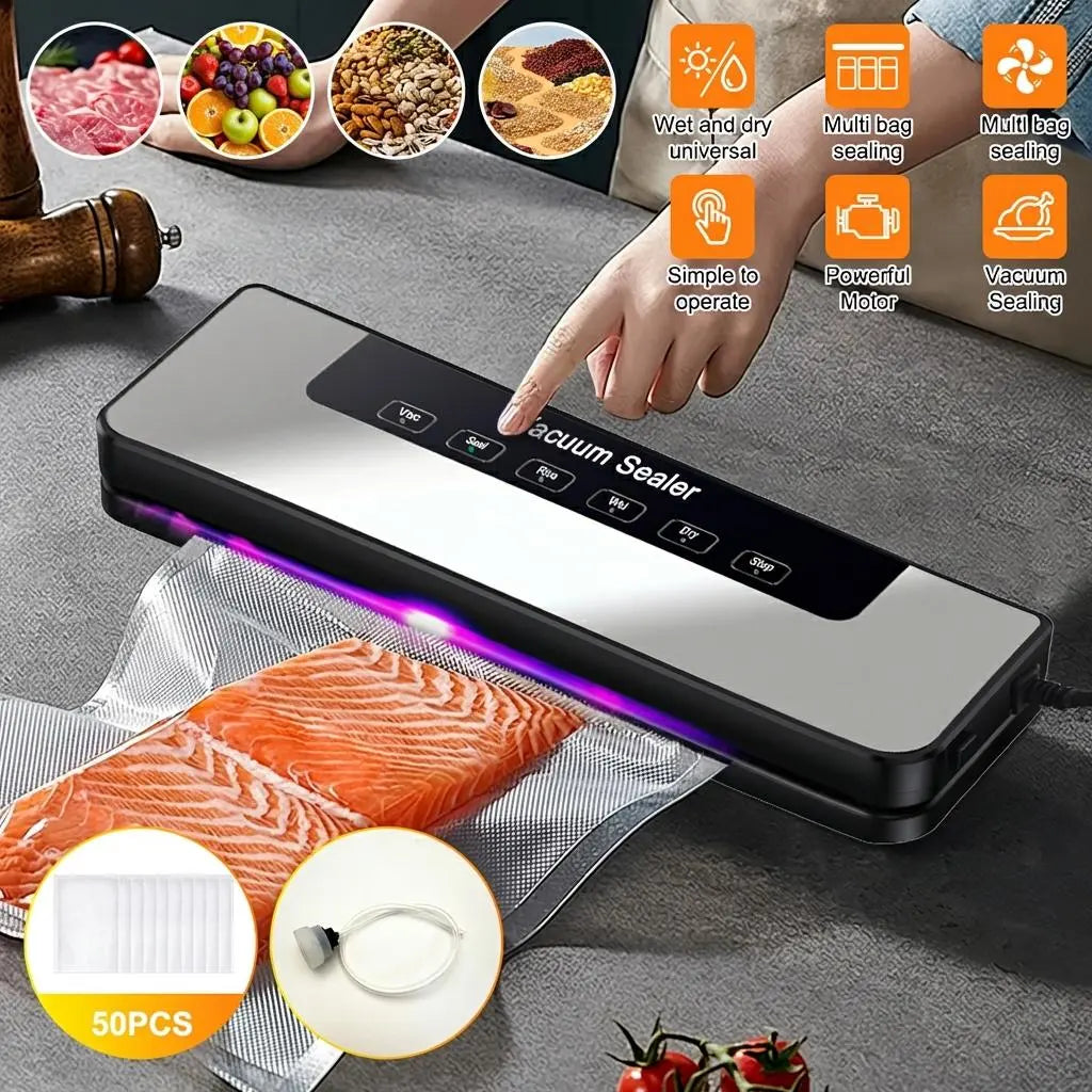【Fathersdaygift】Vacuum Sealer Kit 65Kpa, Includes 50 Vacuum Sealing Bags, Features Dual Dry/Wet Modes, 6-In-1 Sealer Suitable for Storage and Sous Vide Cooking, Automatic Sealing Machine,Extends Food Freshness by 5 Times, a Modern Vacuum Sealing Device