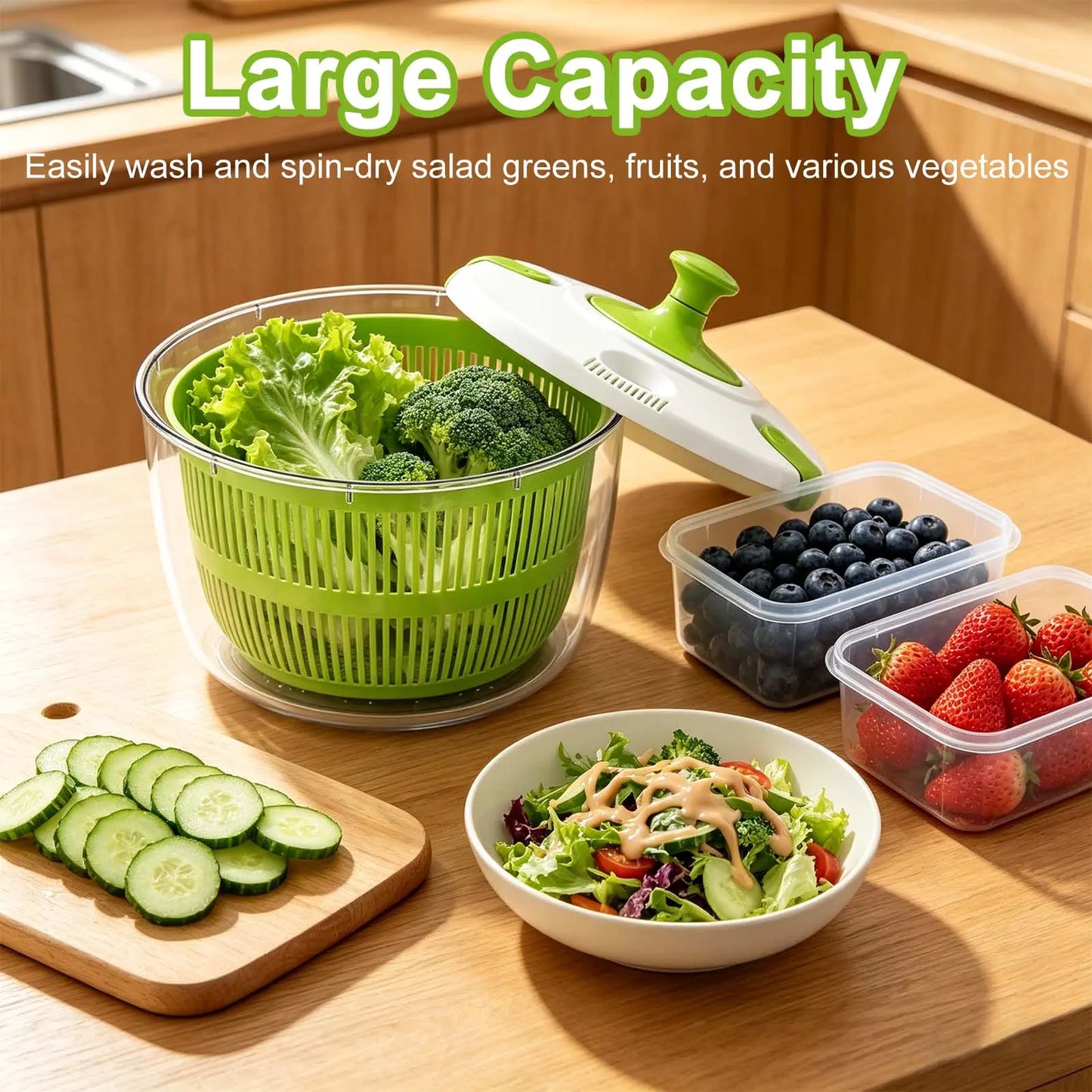 Salad Spinner 5L with Bowl & Colander, Manual Lettuce Spinner & Vegetable Dryer, Multi-Use Fruit and Vegetable Washer, Produce Dryer Strainer, Pasta & Fries Spinner for Kitchen Meal Prep and Salad Making Utensils Basket Plastic Multifunction Sturdy