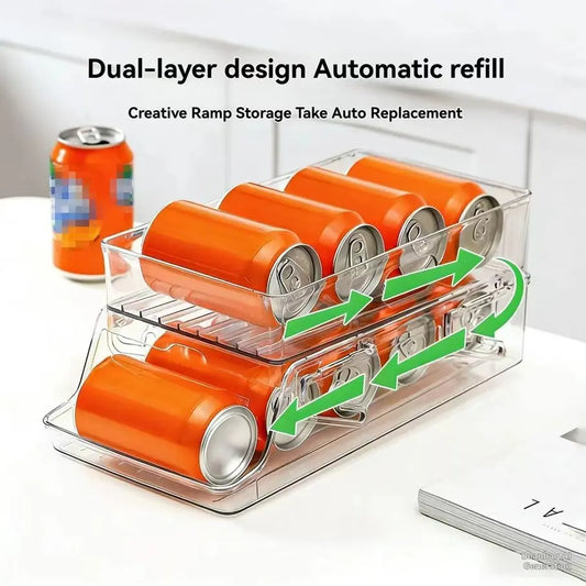 Kitchen Drawer Refrigerator Can Organizer, Dual Layer Rolling Foldable Automatic Storage Box, Beer Soda Beverage Holder, Space-Saving Solution, Refrigerator Accessories