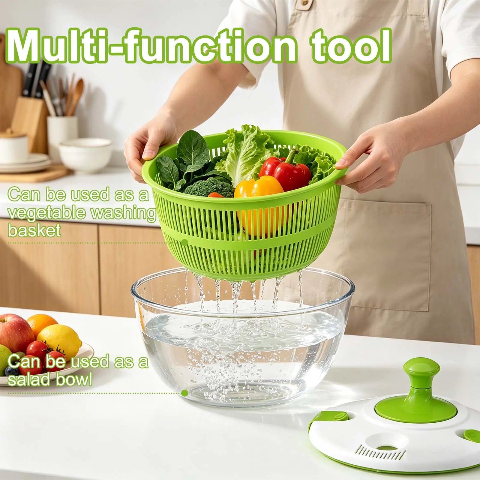 Salad Spinner 5L with Bowl & Colander, Manual Lettuce Spinner & Vegetable Dryer, Multi-Use Fruit and Vegetable Washer, Produce Dryer Strainer, Pasta & Fries Spinner for Kitchen Meal Prep and Salad Making Utensils Basket Plastic Multifunction Sturdy