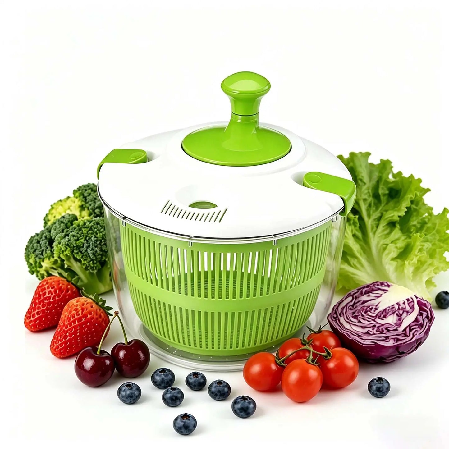 Salad Spinner 5L with Bowl & Colander, Manual Lettuce Spinner & Vegetable Dryer, Multi-Use Fruit and Vegetable Washer, Produce Dryer Strainer, Pasta & Fries Spinner for Kitchen Meal Prep and Salad Making Utensils Basket Plastic Multifunction Sturdy