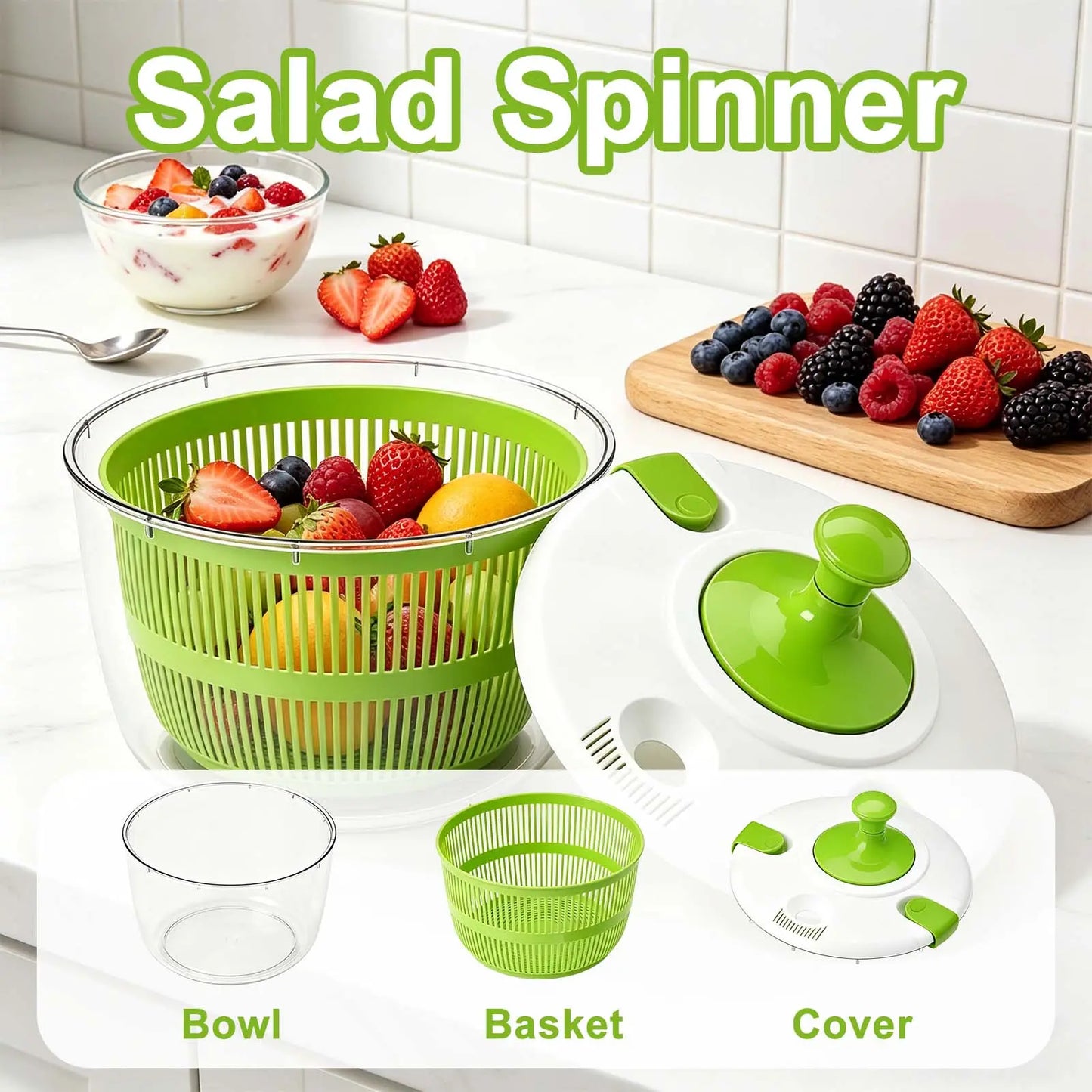Salad Spinner 5L with Bowl & Colander, Manual Lettuce Spinner & Vegetable Dryer, Multi-Use Fruit and Vegetable Washer, Produce Dryer Strainer, Pasta & Fries Spinner for Kitchen Meal Prep and Salad Making Utensils Basket Plastic Multifunction Sturdy