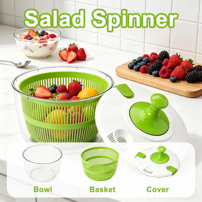 Salad Spinner 5L with Bowl & Colander, Manual Lettuce Spinner & Vegetable Dryer, Multi-Use Fruit and Vegetable Washer, Produce Dryer Strainer, Pasta & Fries Spinner for Kitchen Meal Prep and Salad Making Utensils Basket Plastic Multifunction Sturdy