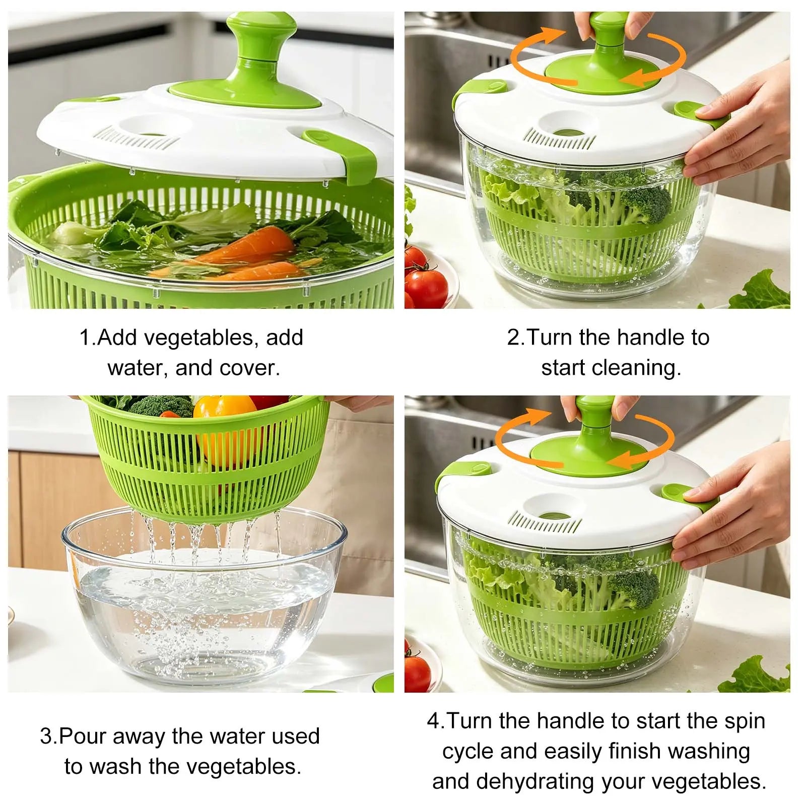 Salad Spinner 5L with Bowl & Colander, Manual Lettuce Spinner & Vegetable Dryer, Multi-Use Fruit and Vegetable Washer, Produce Dryer Strainer, Pasta & Fries Spinner for Kitchen Meal Prep and Salad Making Utensils Basket Plastic Multifunction Sturdy